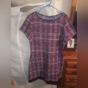 St John Burgundy ,Tweed Dress w/Black Leather Trim Dress, Size 14